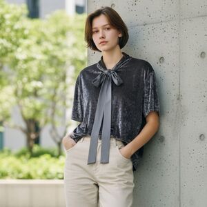 Addition Elle Beautifully Soft Silver Grey Velvet Top with Silky Collar Bow Tie